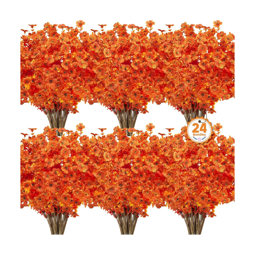 24 Pcs Artificial Fall Flowers Fake Mums for Outdoor Decor, Bright Orange | Lifelike faux mums, silk flower, UV
