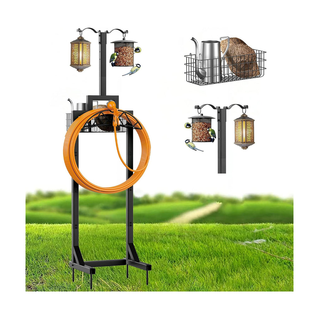 Garden Hose Holder, Water Hose Holders for Outside with Storage Basket & 2 Shepherds Hooks, Detachable Garden Hose
