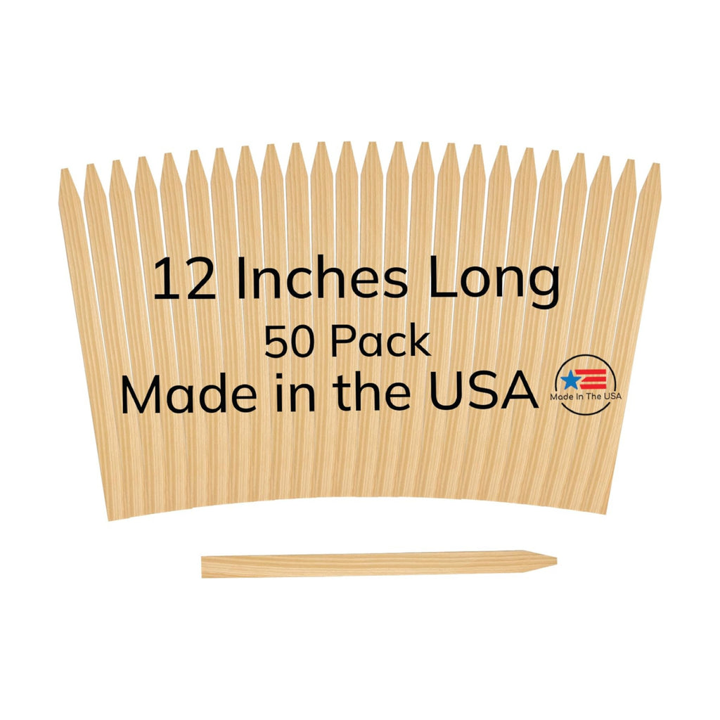 50 Pack Wooden Garden Stakes, 12" Long x 3/4" Wide, Made in USA Pine Plant Markers, Chisel Point Yard Stakes for