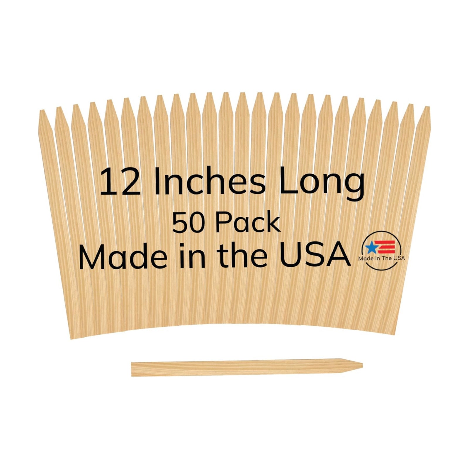50 Pack Wooden Garden Stakes, 12" Long x 3/4" Wide, Made in USA Pine Plant Markers, Chisel Point Yard Stakes for