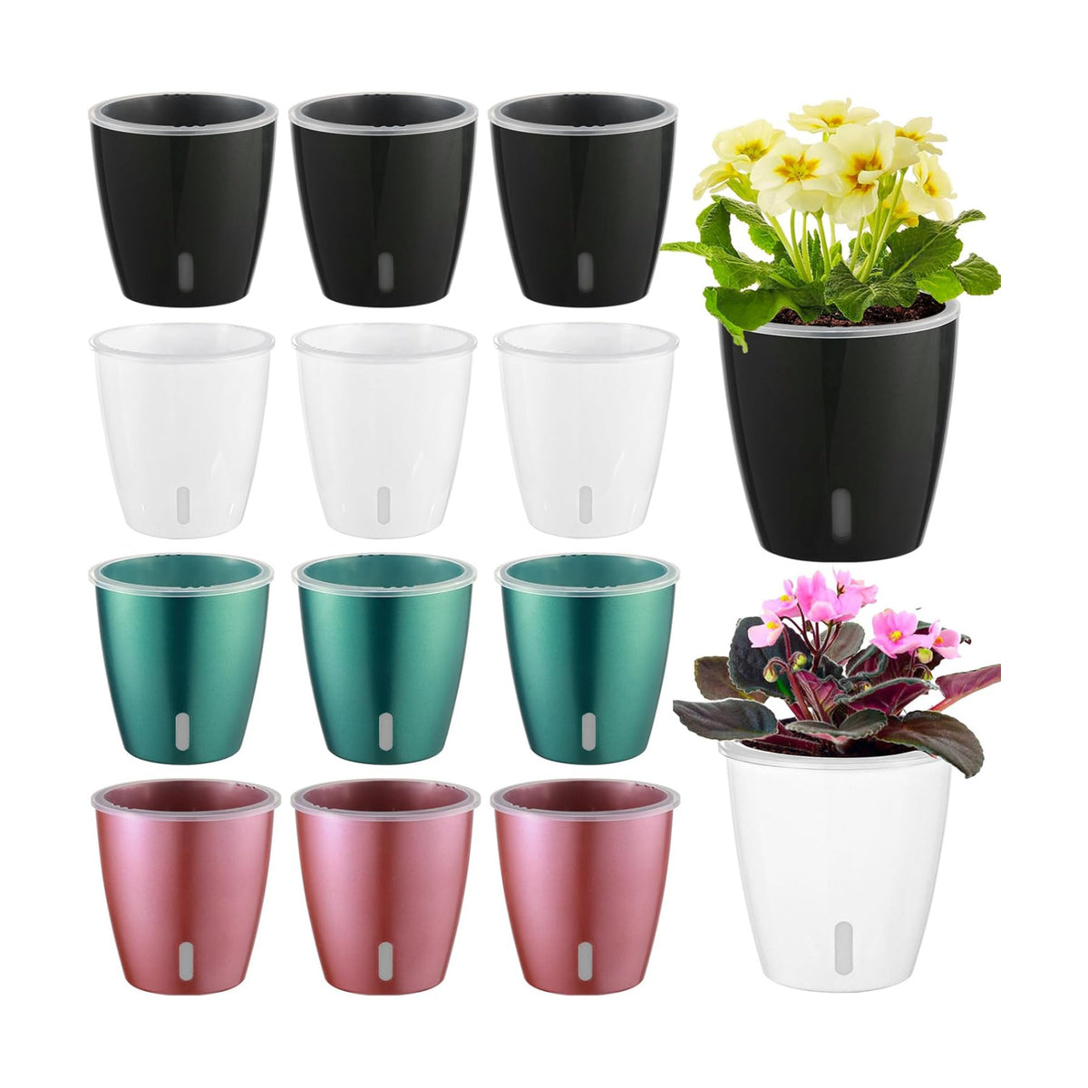 Self Watering Pots for Indoor Plants, 12-Pack 5'' Self Watering Planter with Drainage Holes, Small African Violet Pots with Water Indicator, Clear Wick Pot, White/Black/Blue/Rose Gold