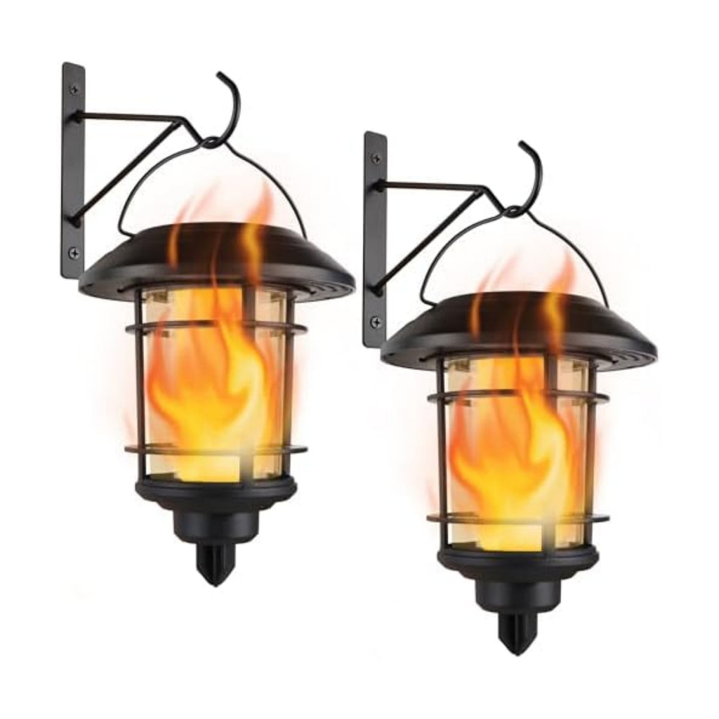Dynaming Solar Flame Wall Lanterns, Outdoor Solar Wall Hanging Lights, Flickering Flame LED Lights Auto On/Off Wall Mounted Sconce Lights with Hooks, Waterproof for Garage Stair Patio Porch, 2 Pack