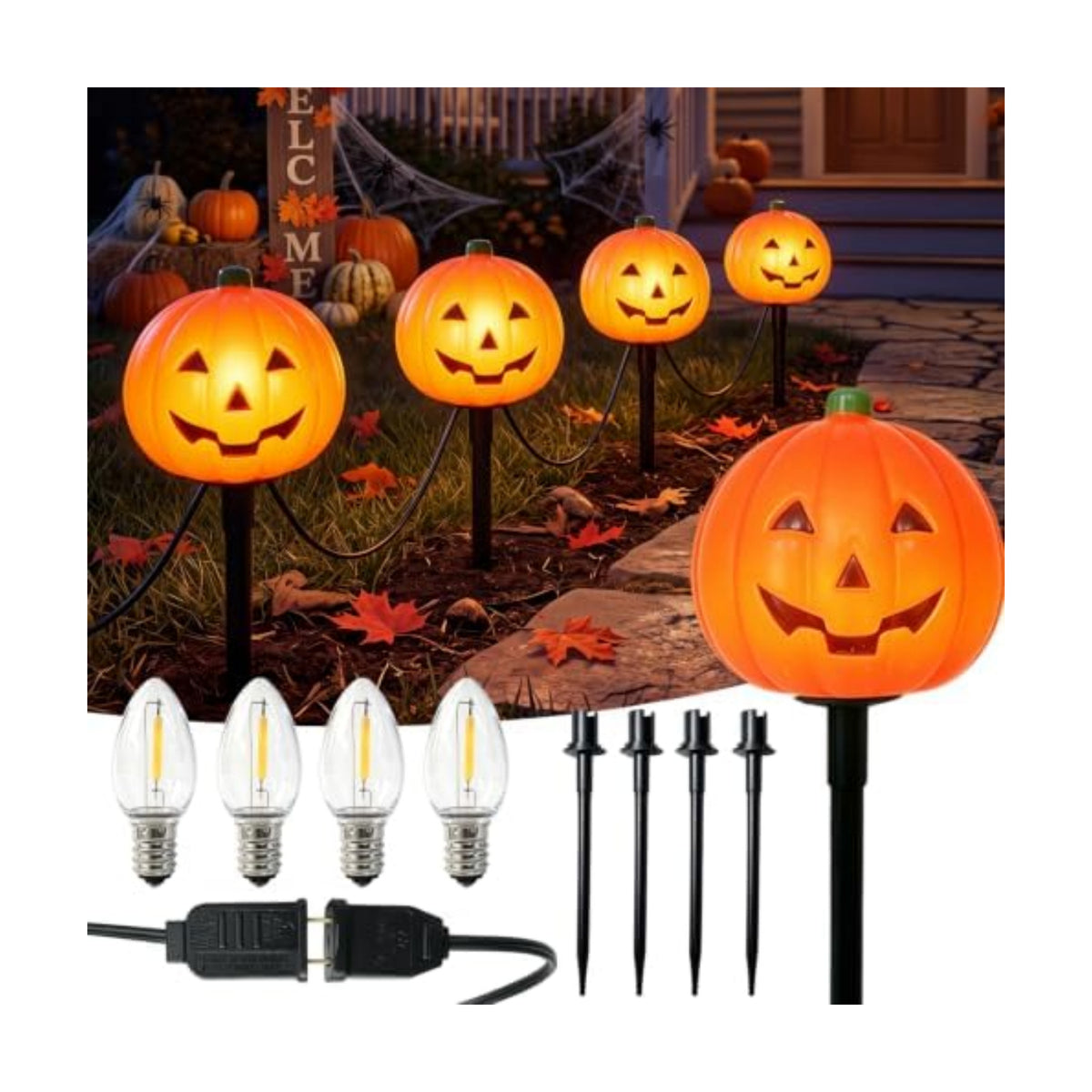 4 Pumpkin Pathway Marker Lights Outdoor, 7Ft Halloween Decoration Stake
