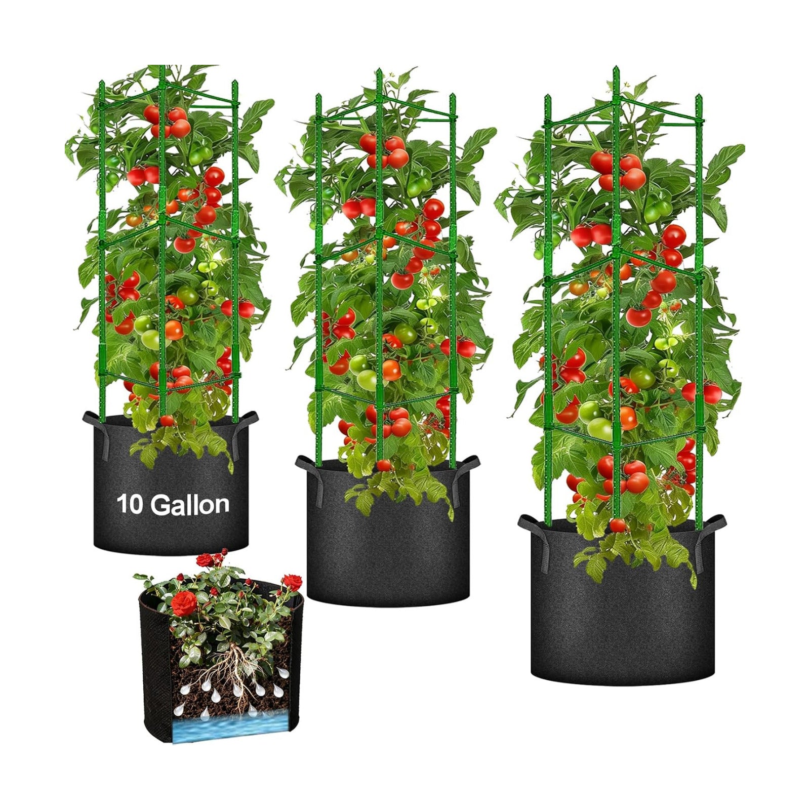 Moirsunt Tomato Cages with 10 Gallon Grow Bags, 48 Inches Tomato Planter | 3-Pack Tomato Stakes Trellis for Raised