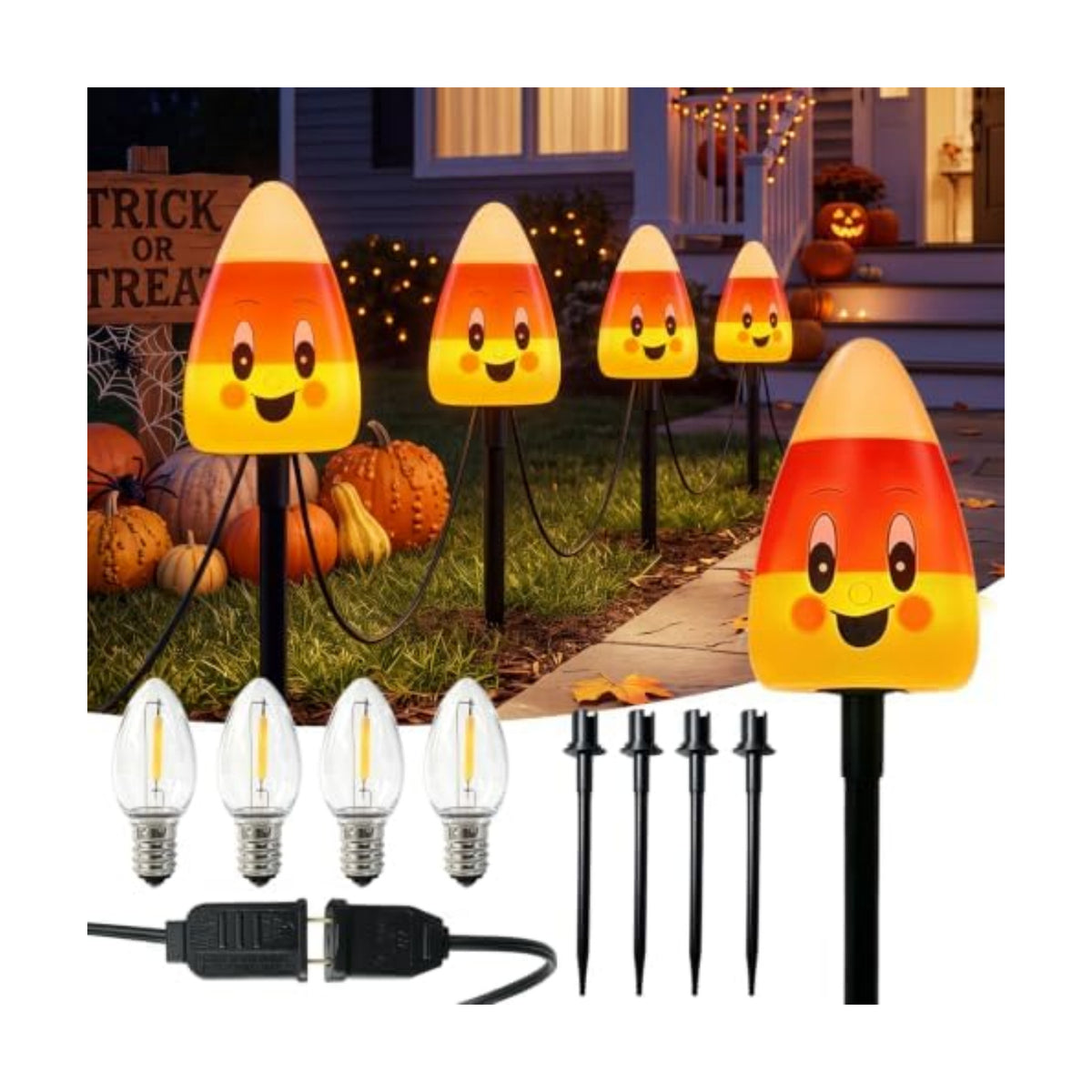 4 Candy Corn Pathway Marker Lights Outdoor, 7Ft Halloween Decoration Stake