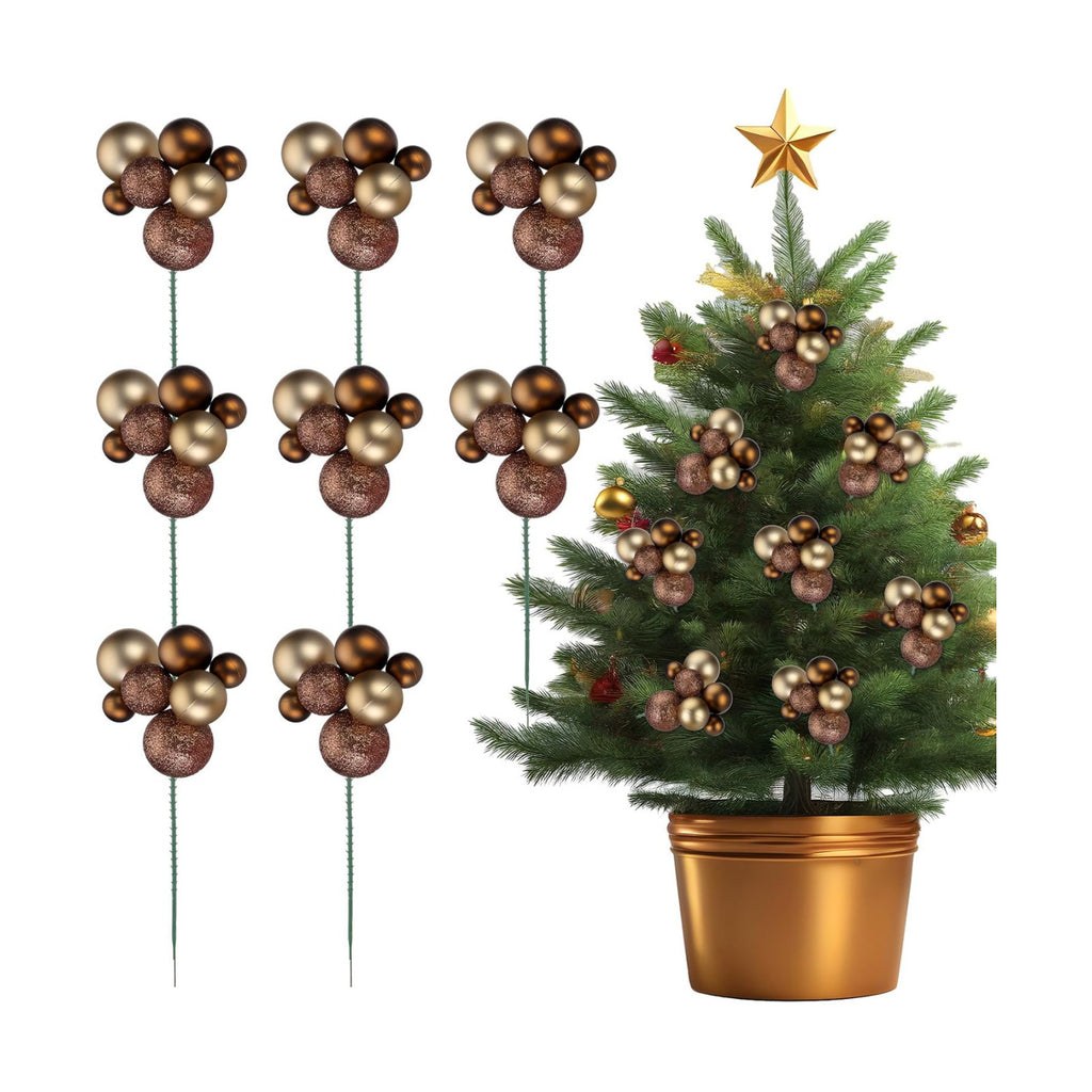 Daifunli 8 Pcs Brown and Gold Christmas Tree Picks 7.87 Inch Christmas Balls Ornaments Xmas Hanging Decorations for Xmas Tree Topper DIY Wreath Holiday Floral Vase Fillers Crafts Home Decor