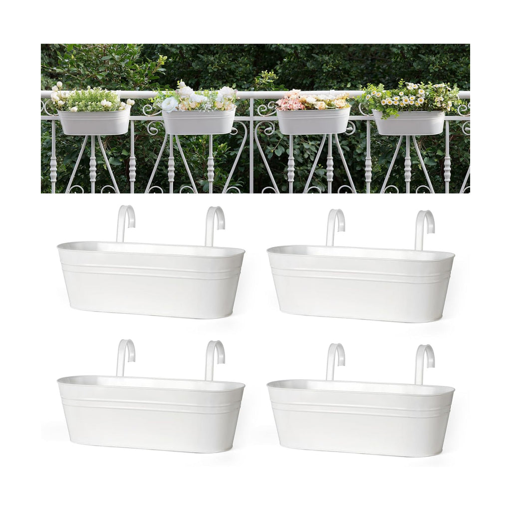 Dahey 15 Inches Railing Planter Box 4 Pcs Metal Hanging Flower Pots, White | 2.7" Width Detachable Hooks, Outdoor