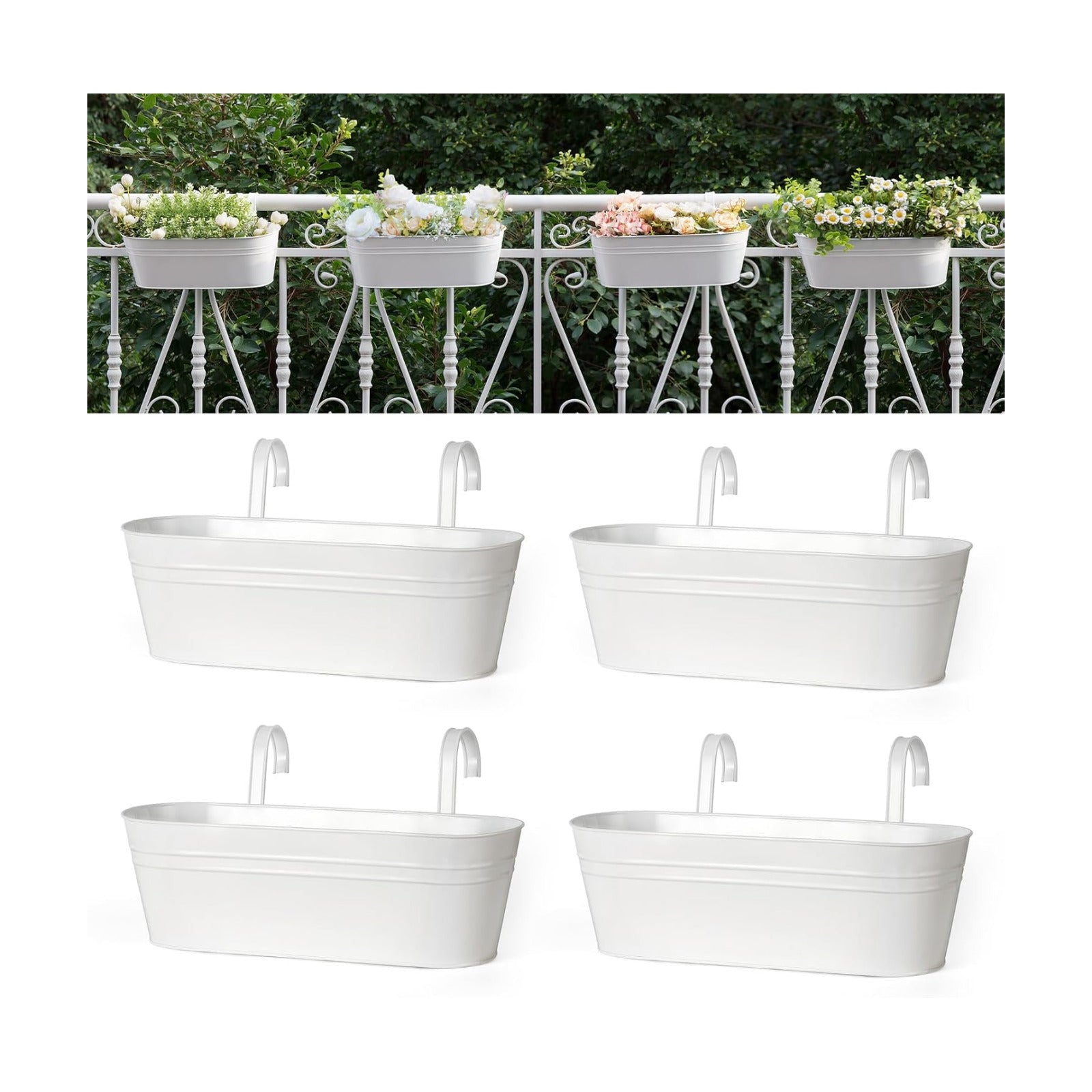 Dahey 15 Inches Railing Planter Box 4 Pcs Metal Hanging Flower Pots, White | 2.7" Width Detachable Hooks, Outdoor