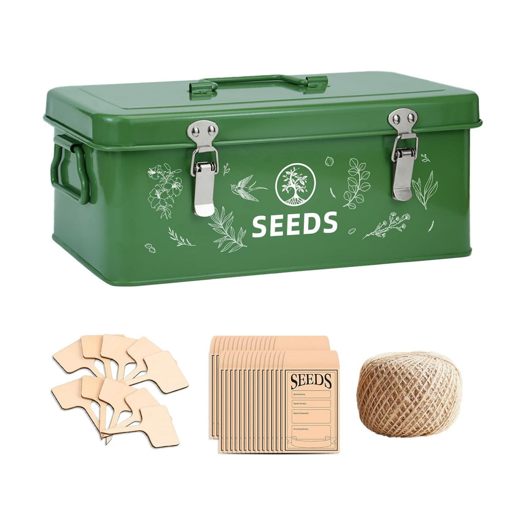 Seed Storage Organizer Box, 4 Compartments, Lockable, Dark Green