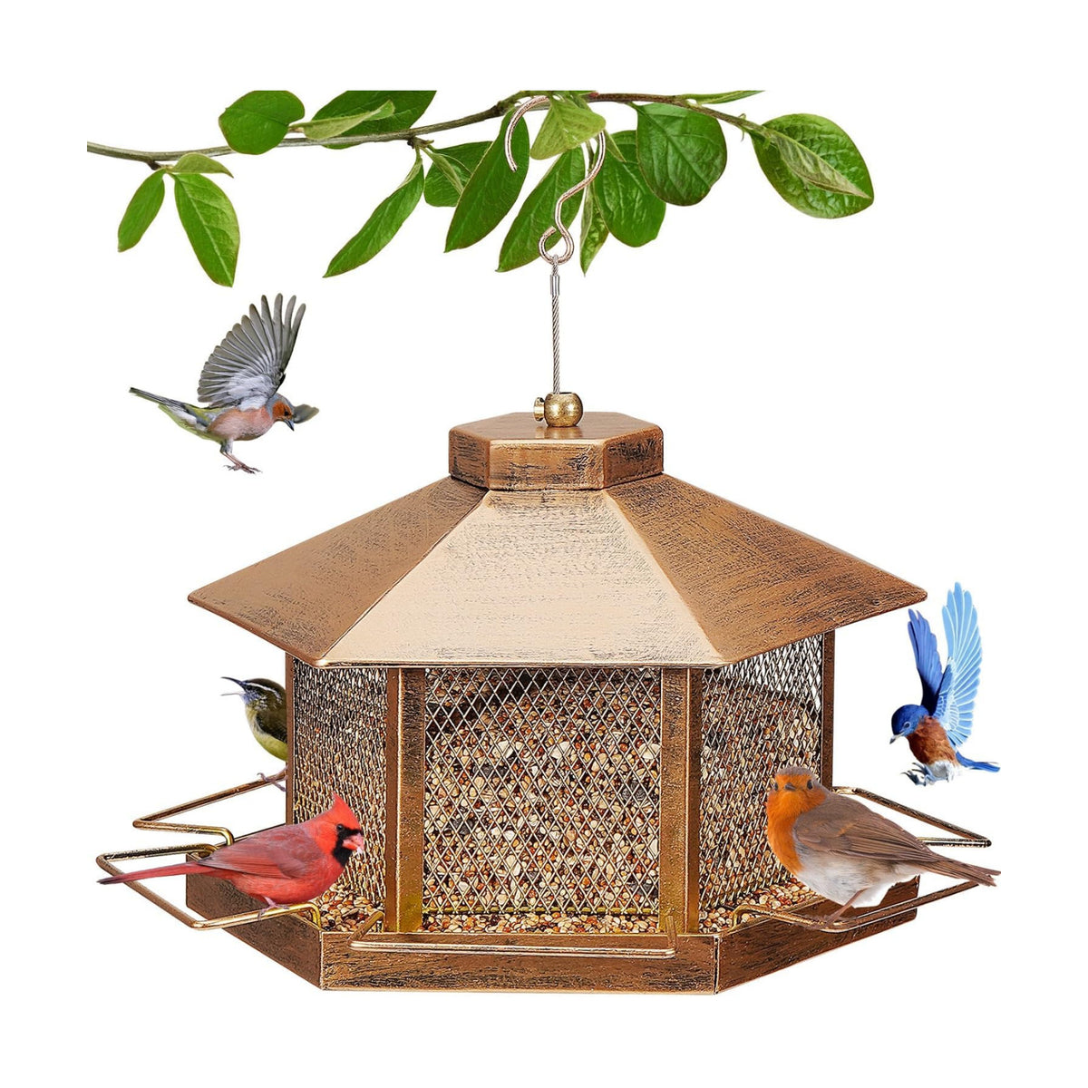 Metal Bird Feeder for Outdoor Hanging, 7.4LB Large Capacity, Garden Decoration - Attracts Wild Birds, Durable Outdoor Bird Feeding Station for Garden Yard Outside Backyard (Extra Large Gold)