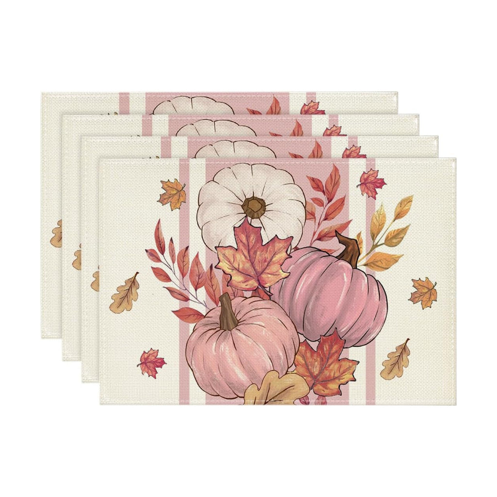 Artoid Mode Pink Pumpkin Maple Leaf Fall Placemats Set of 4-12 x 18 Inch