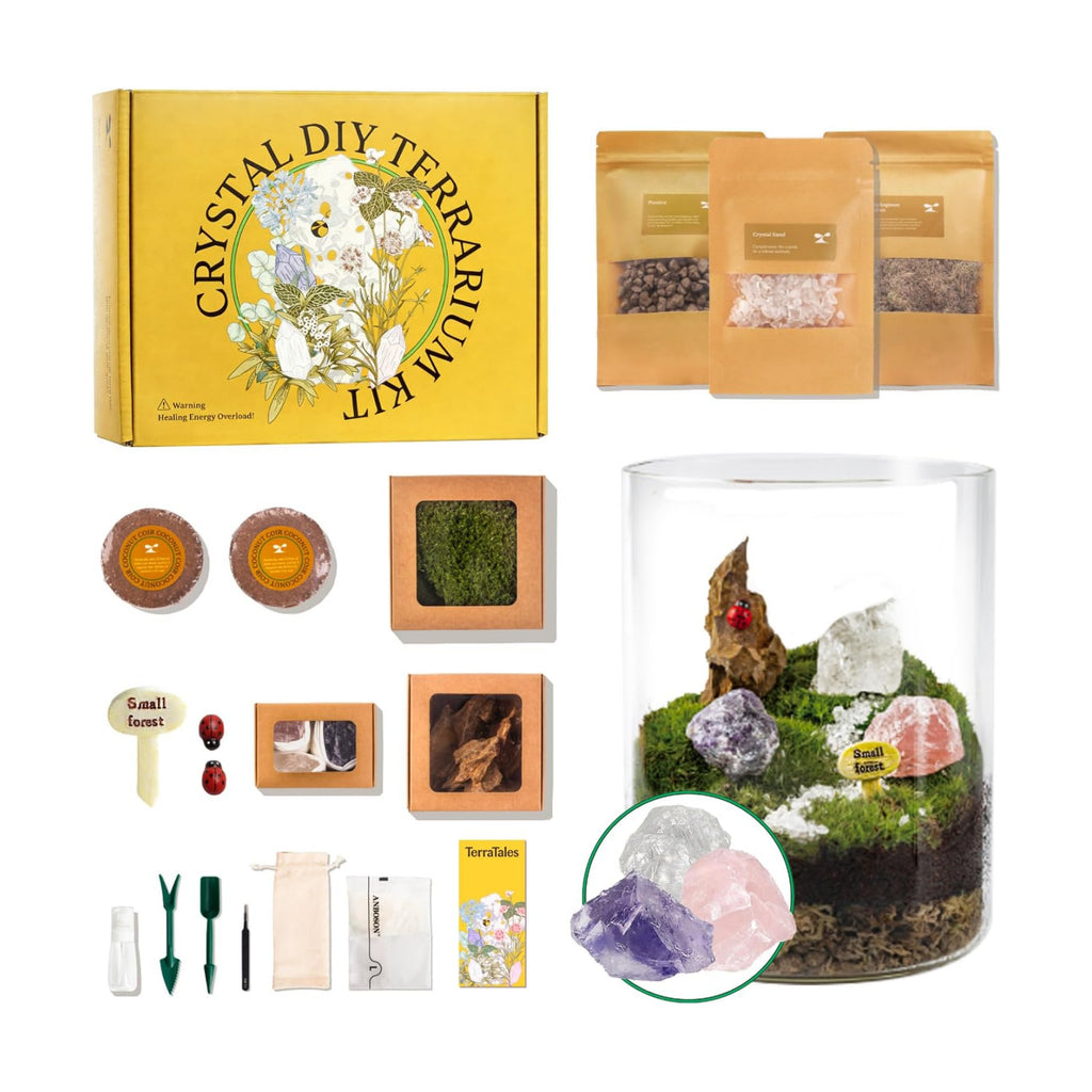 DIY Crystal Terrarium Kit - 21-Pieces All-In-One Starter Kit with Preserved Moss, Pumice, Crystals, Coconut Coir, Tools