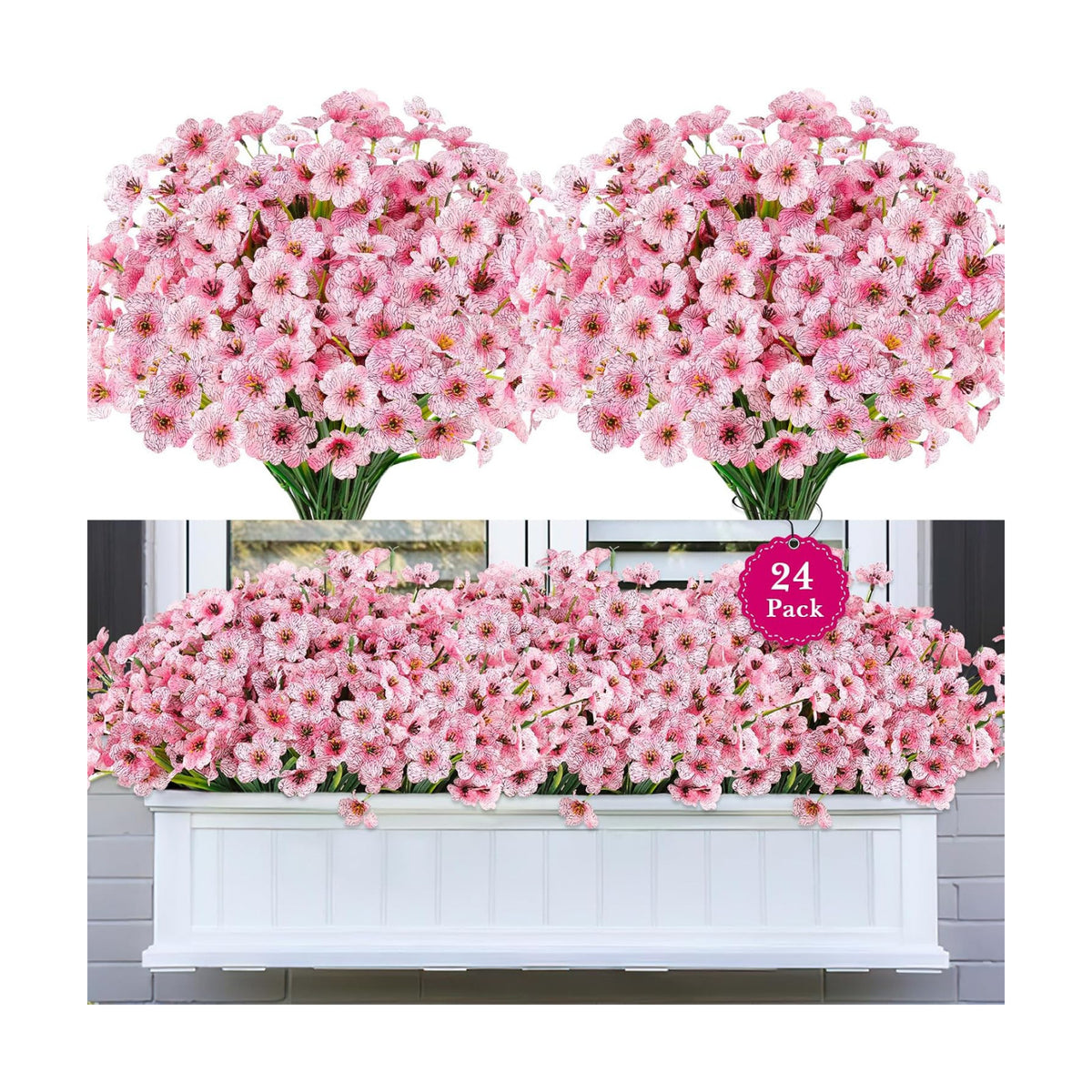 24PCS Artificial Pink Flowers for Outdoors, Realistic Silk Flowers