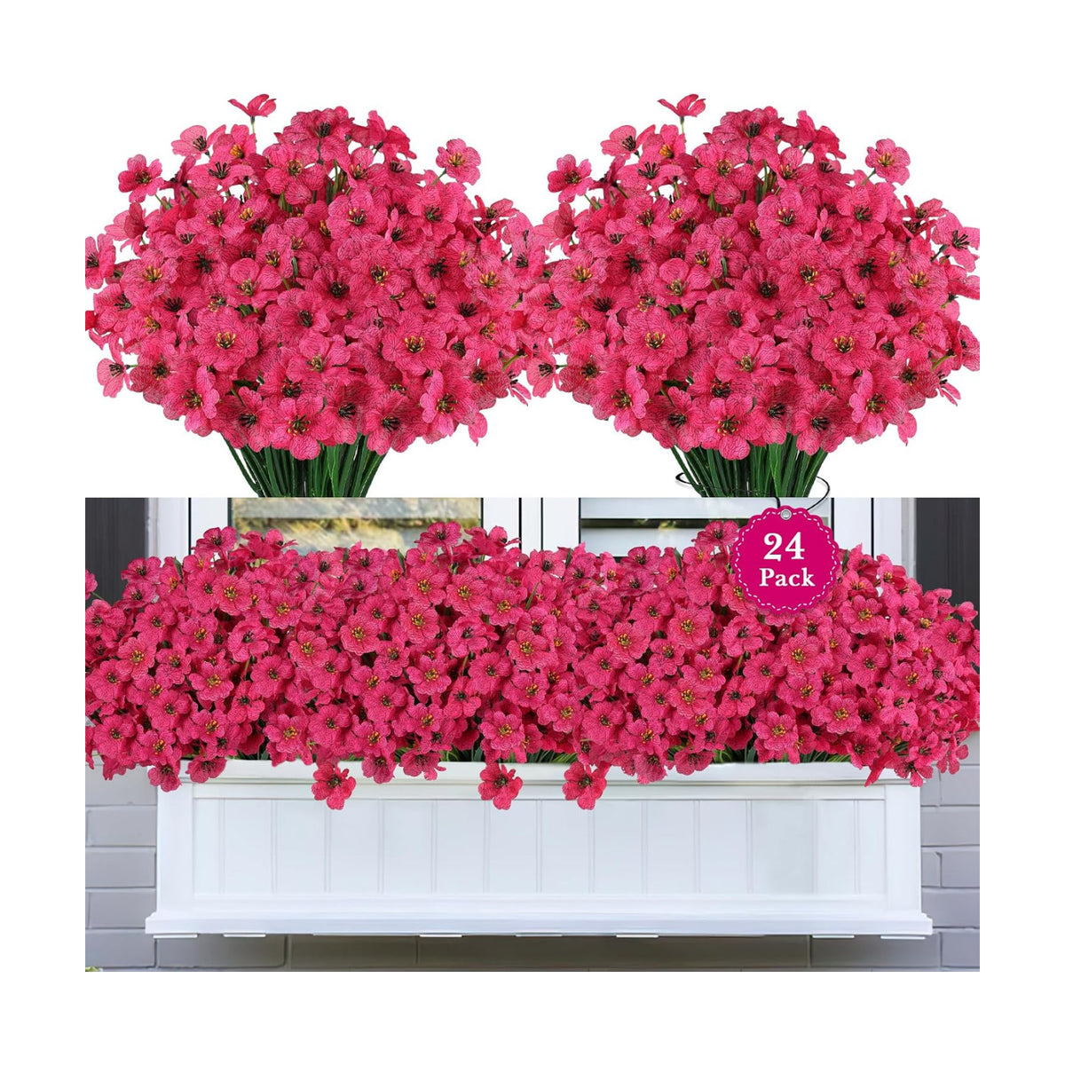 24PCS UV Resistant Artificial Flowers for Outdoors, Rosy Red