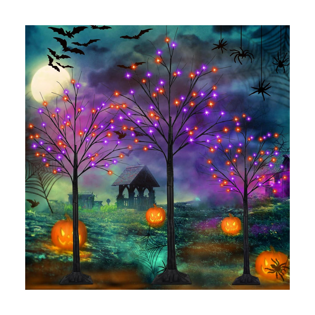 Set of 3, 4ft 5ft 6ft Lighted Black Halloween Tree with Orange Purple Light