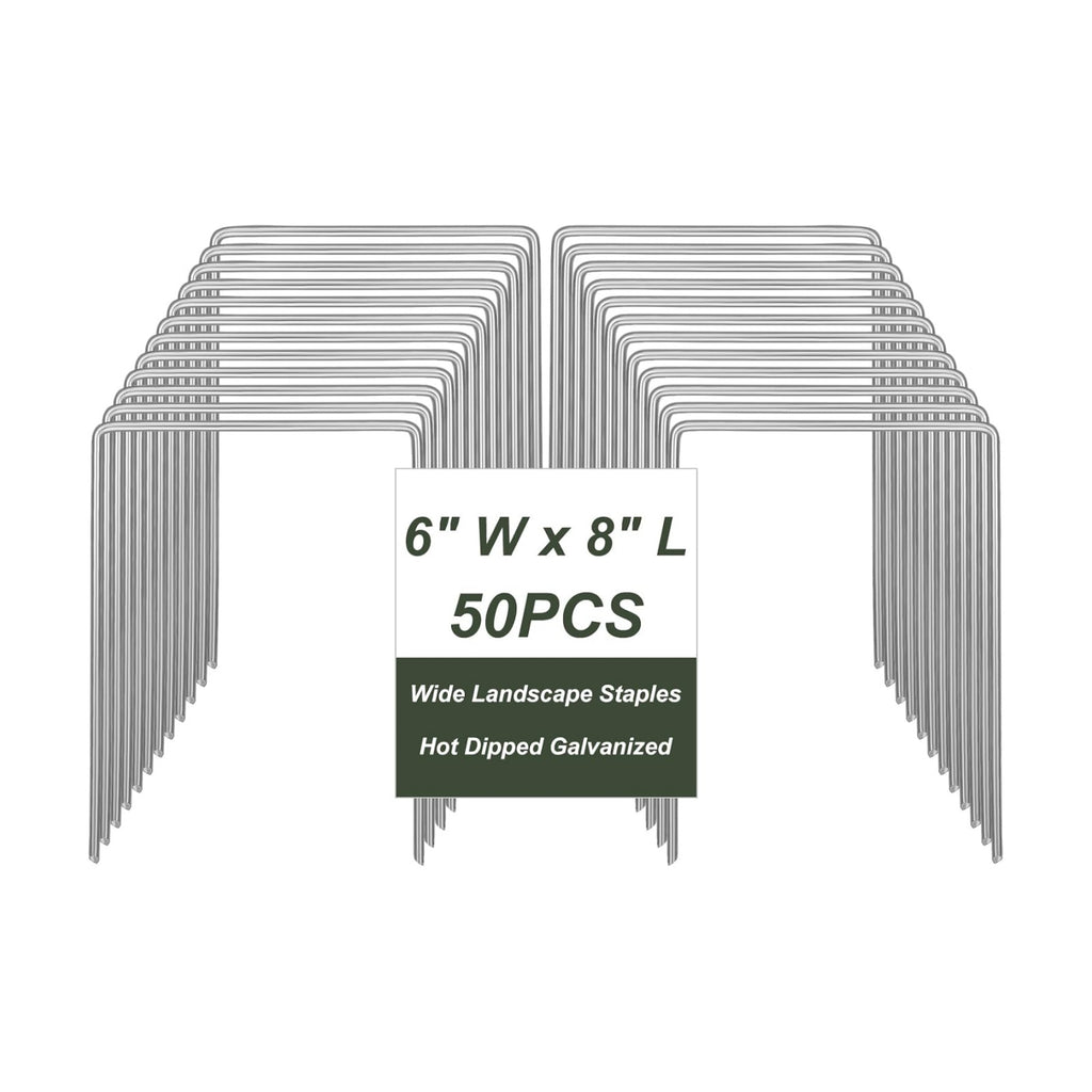 50 Pack Heavy Duty Wide Landscape Staples, 7 Gauge Galvanized Steel Turf Stakes Garden Stakes Bulk, U Type Anchor for
