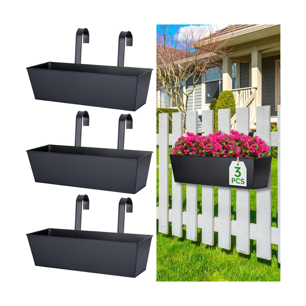 16“ Large Hanging Planters for Outdoor Plants, Railing Planter Box, 3 Pack | Balcony Planters with Detachable Wide
