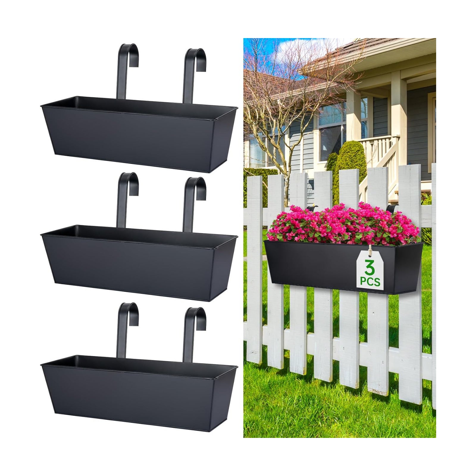 16“ Large Hanging Planters for Outdoor Plants, Railing Planter Box, 3 Pack | Balcony Planters with Detachable Wide
