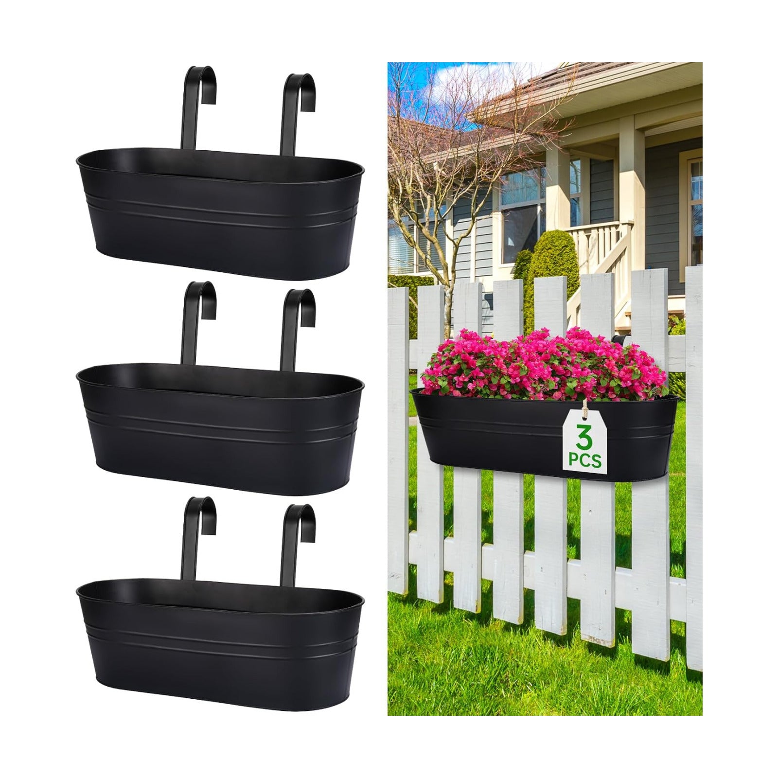 Railing Planter Box, 16" Large Hanging Planters for Outdoor Plants, 3 Pack | balcony planters with Detachable Wide