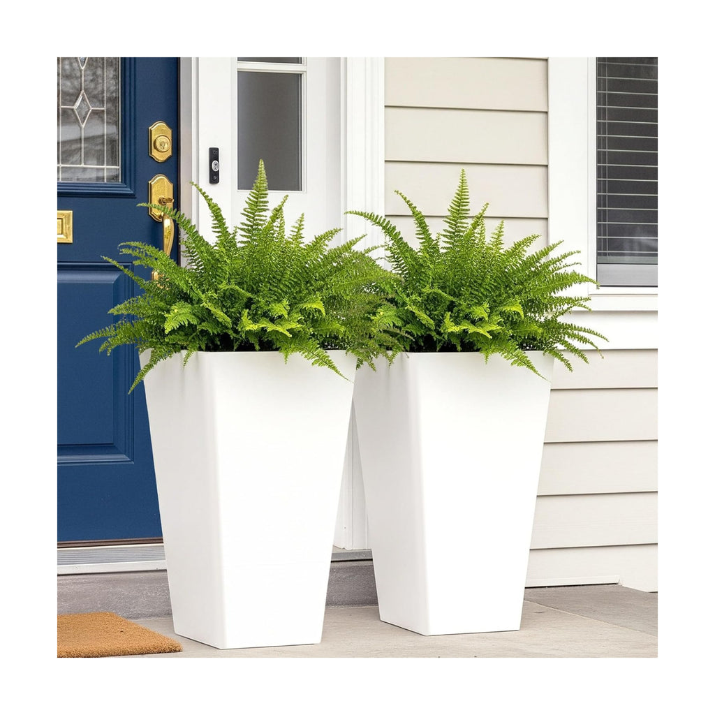 Worth Garden 20" Tall Planters Set of 2 – Large White Tapered Plastic Flower Pots for Indoor & Outdoor Use – Modern