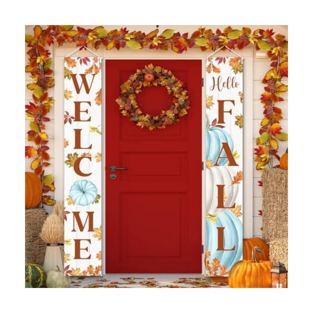 MEHOFOND Blue Pumpkin Maple Leaves Porch Banner Sign, Hello Fall Welcome Sign, 2-Pack, 71 x 12 Inches
