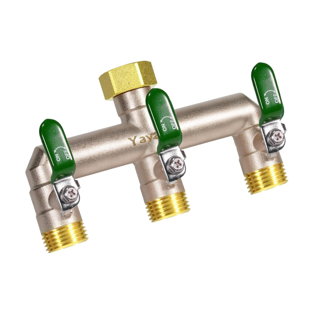 3 Way Garden Hose Splitter, 3/4" GHT Full Flow Hose Splitter | One-Piece Heavy Duty Full Brass Body with Shut-off