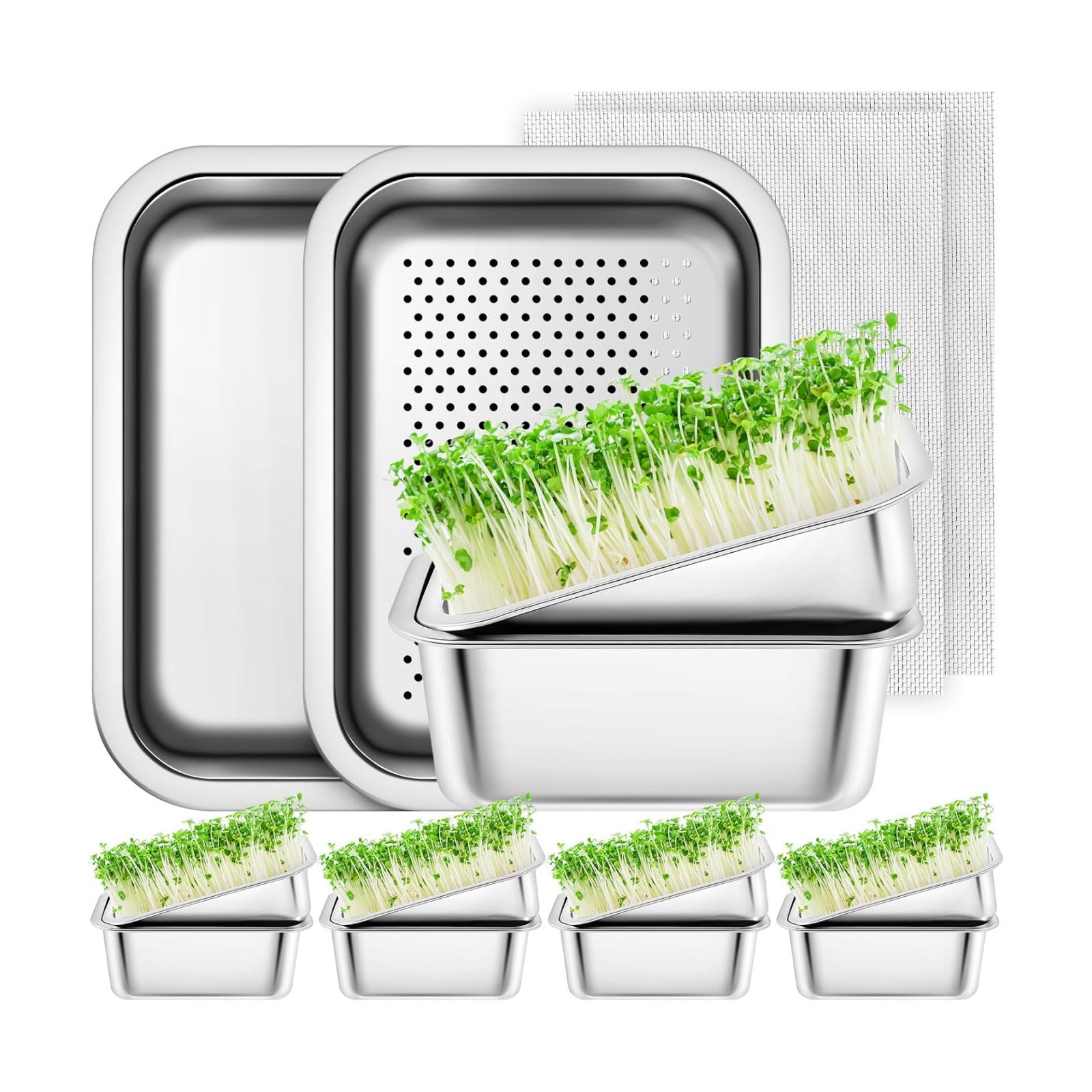 Vesici 4 Pack Sprouting Tray Kit, Stainless Steel Soil Free Cultivation Germination Tray, Wheatgrass Growing Container