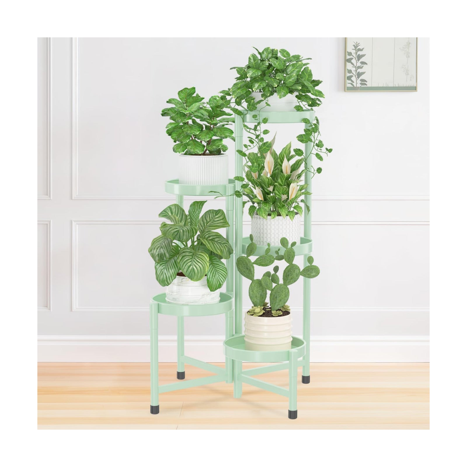iDavosic.ly Plant Stand Indoor Outdoor, 5 Tier Metal Corner Shelf, Green | Tiered Flower Display Holder, Folding Multi