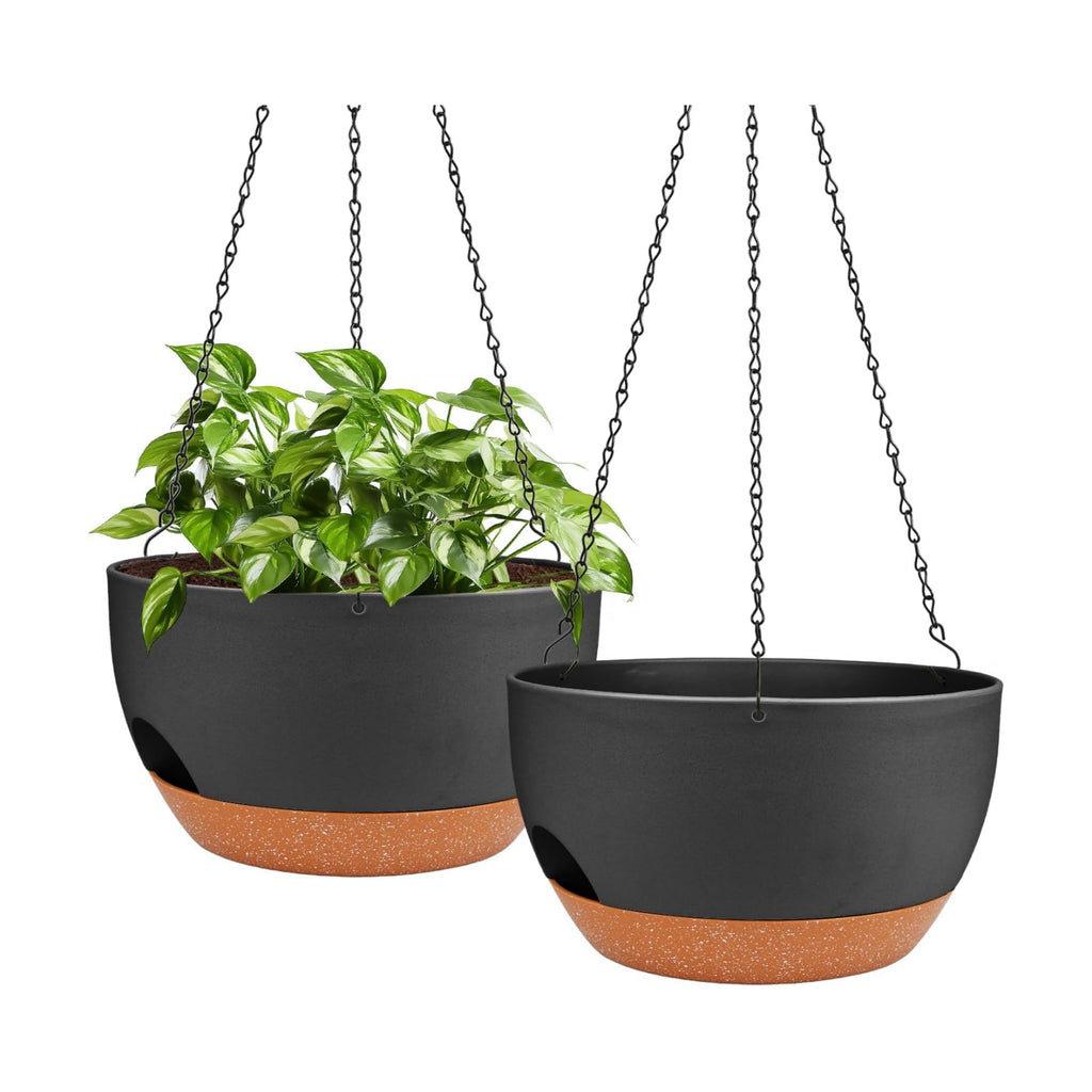 12 Inch Self Watering Hanging Planters with Removable Reservoir, 2 Pack | Drainage Holes, Metal Chain, for