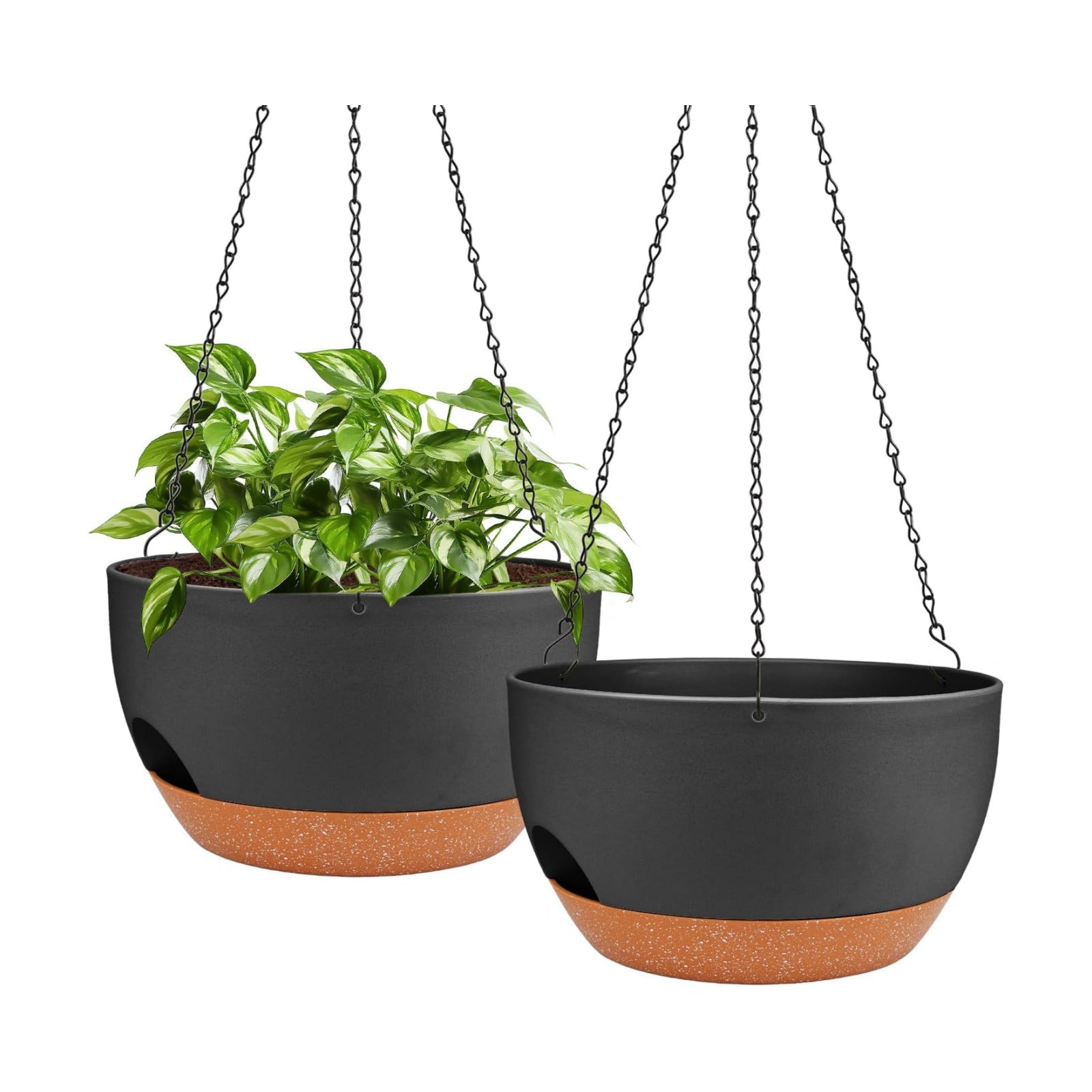 12 Inch Self Watering Hanging Planters with Removable Reservoir, 2 Pack | Drainage Holes, Metal Chain, for