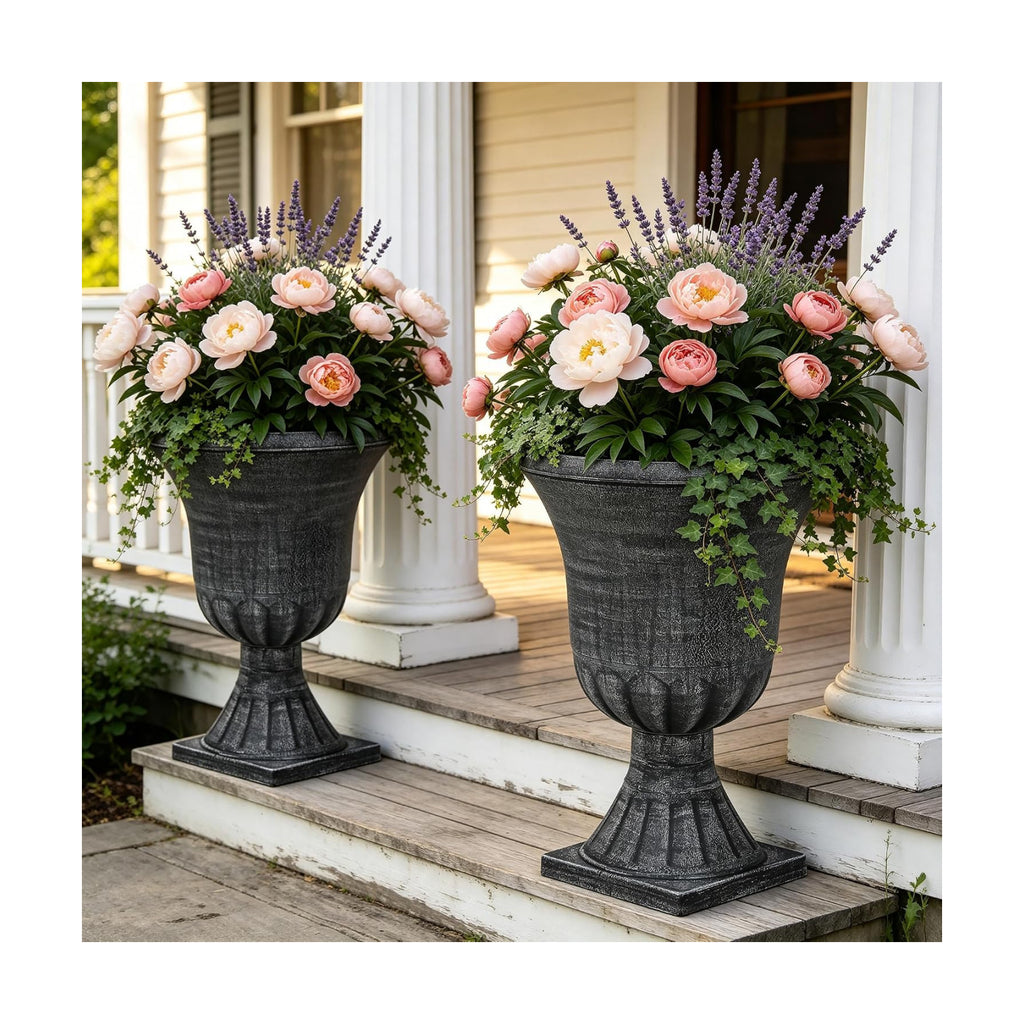 Autodaya 22" Tall Urn Planters for Outdoor Plants Set of 2 Large Flower Pot | 3D Textured Washed Black Pedestal Outdoor