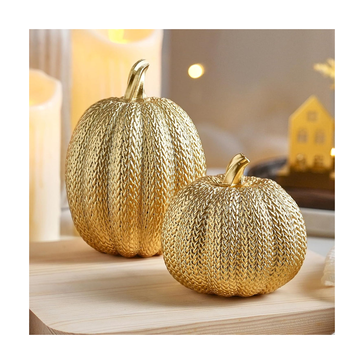 FESTGLOX Pumpkin Fall Decor Indoor, 2Pcs Resin Gold Pumpkin for Decorating