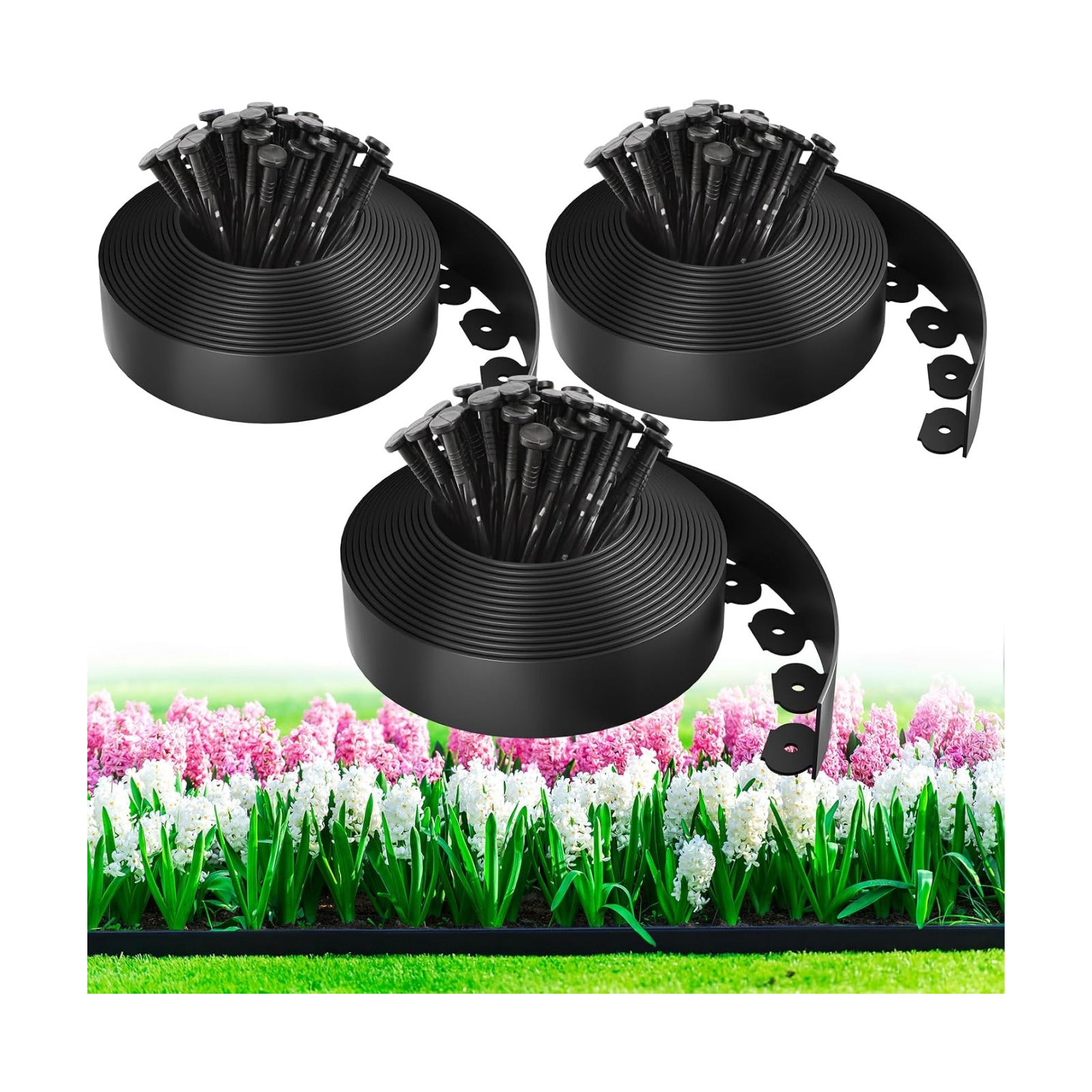 MIXC 100ft Landscape Edging Kit with 150 Spikes, Not Digging Flexible Plastic Edge Border for Landscaping, Lawn