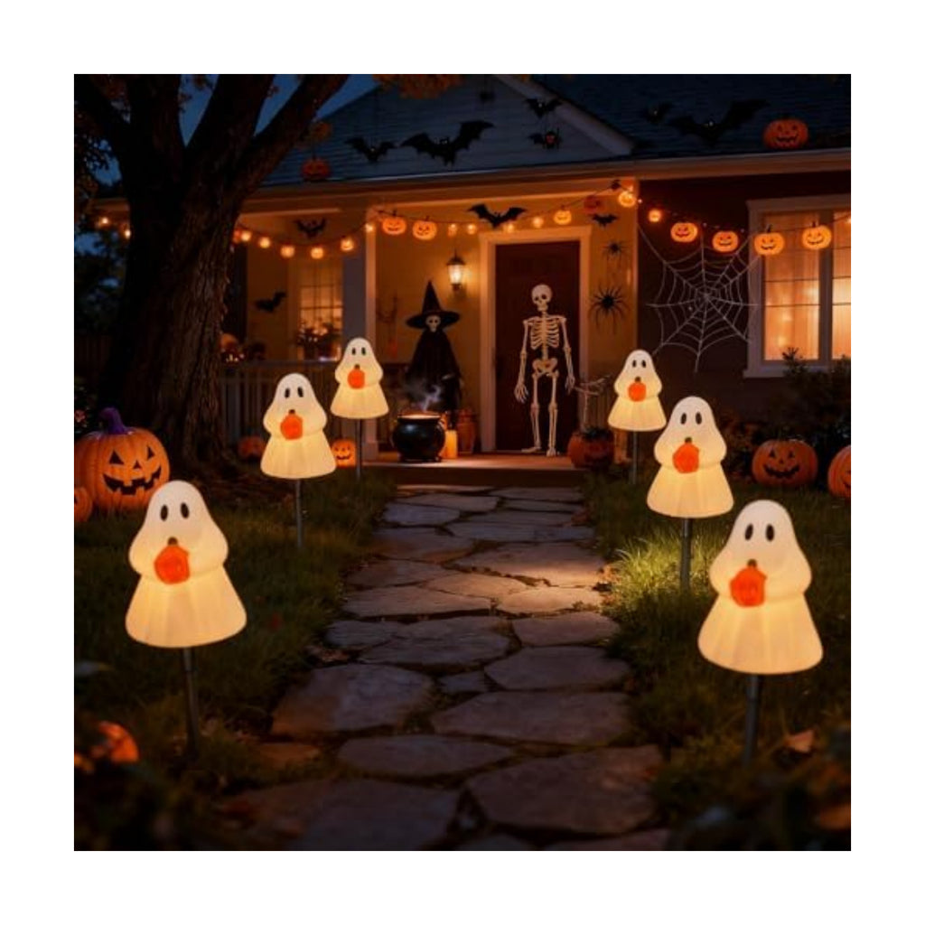 Halloween Ghost Pathway Lights, 7Ft Ghost Pathway Decoration Lights with 4 Clear C7 LED Bulbs, Ghost Pathway Extendable Pathway String Light for Halloween Holiday Outdoor Pathway Garden Walkway Decor