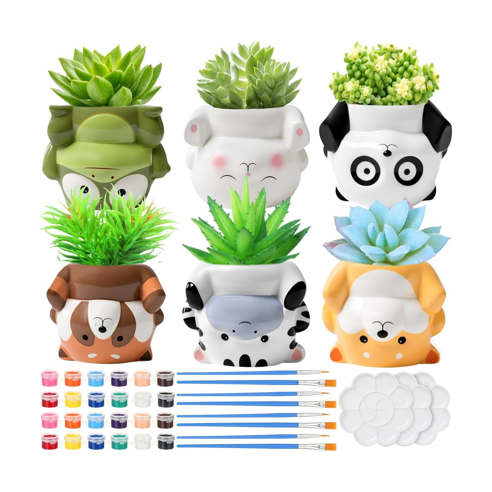 Chuangdi 6 Sets DIY Ceramic Succulent Pots Ready to Paint Animal Unpainted Ceramic Painting Flower Pot with Drainage