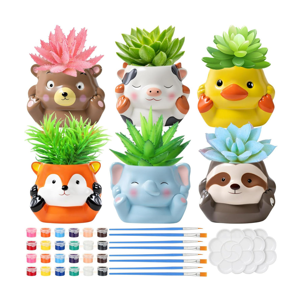 Chuangdi 6 Sets DIY Ceramic Succulent Pots Paint Animal Planters Unpainted Plant Flower Pot Paintable Ceramic Painting