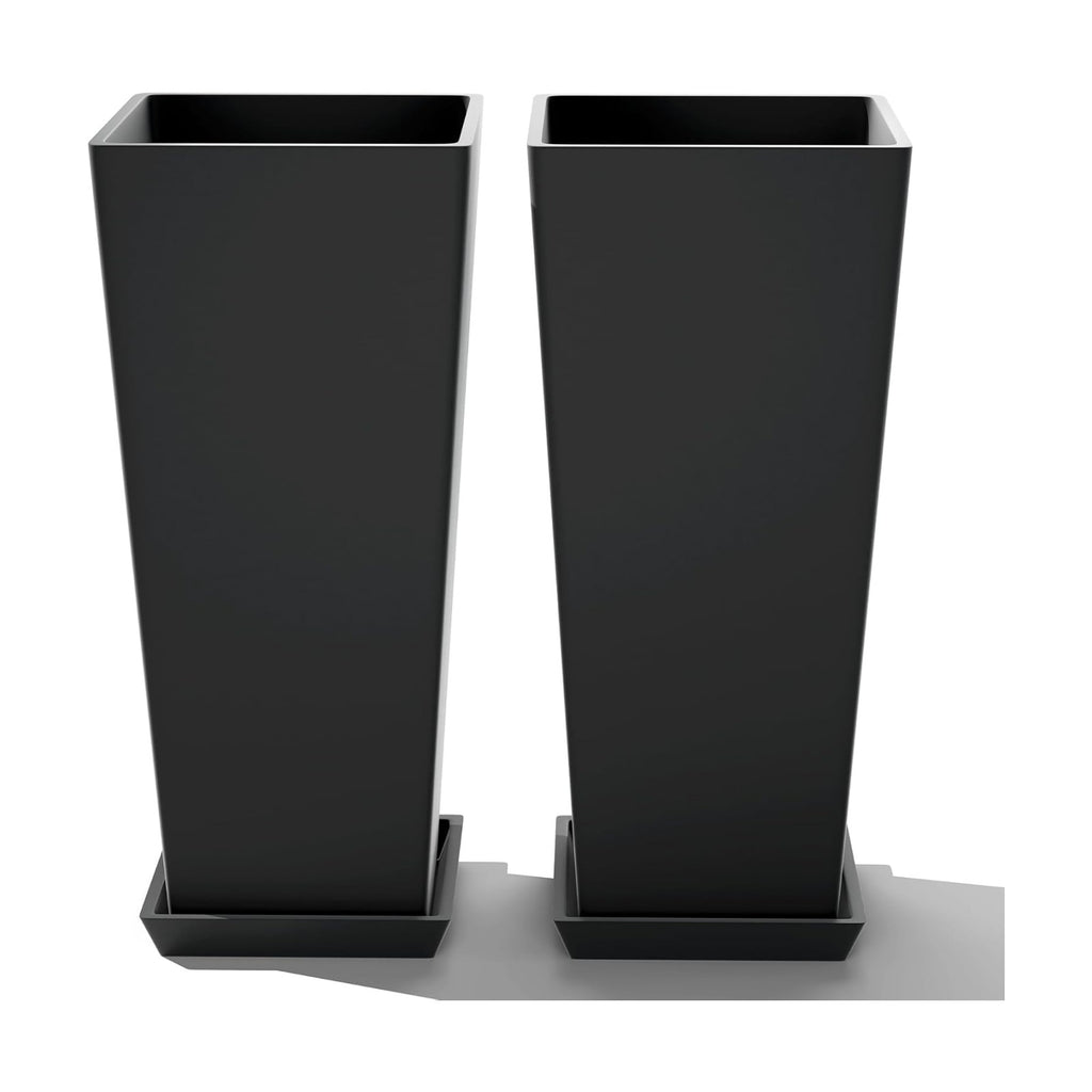 FENCY Set of 2 Tall Planters for Outdoor Plants, Black | 24 Inch Plant Pots with Drainage Hole & Trays, Plastic Tapered