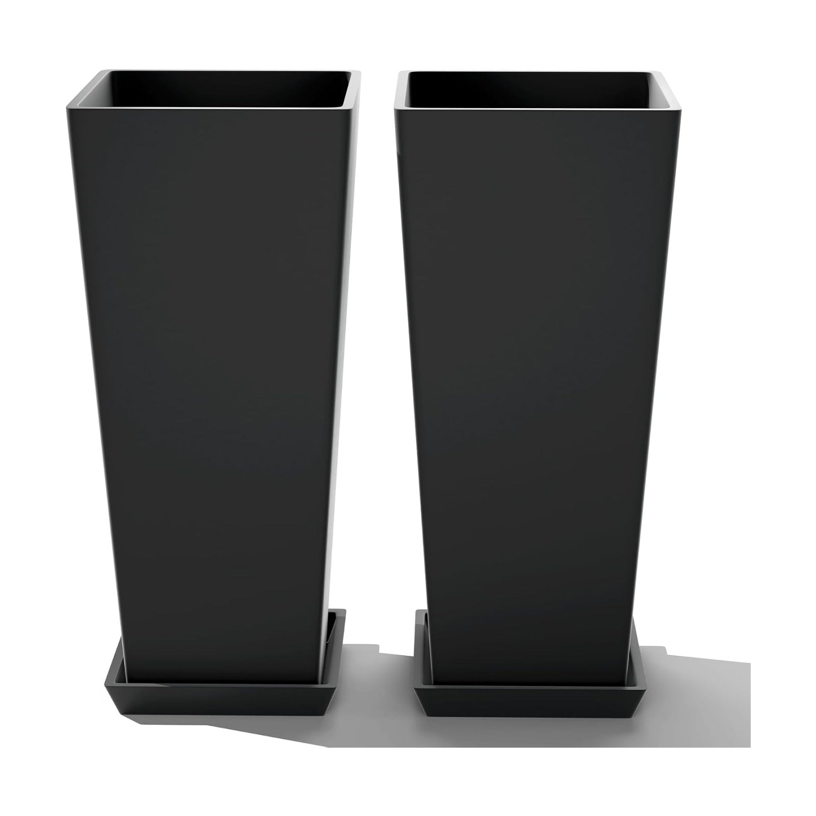 FENCY Set of 2 Tall Planters for Outdoor Plants, Black | 24 Inch Plant Pots with Drainage Hole & Trays, Plastic Tapered