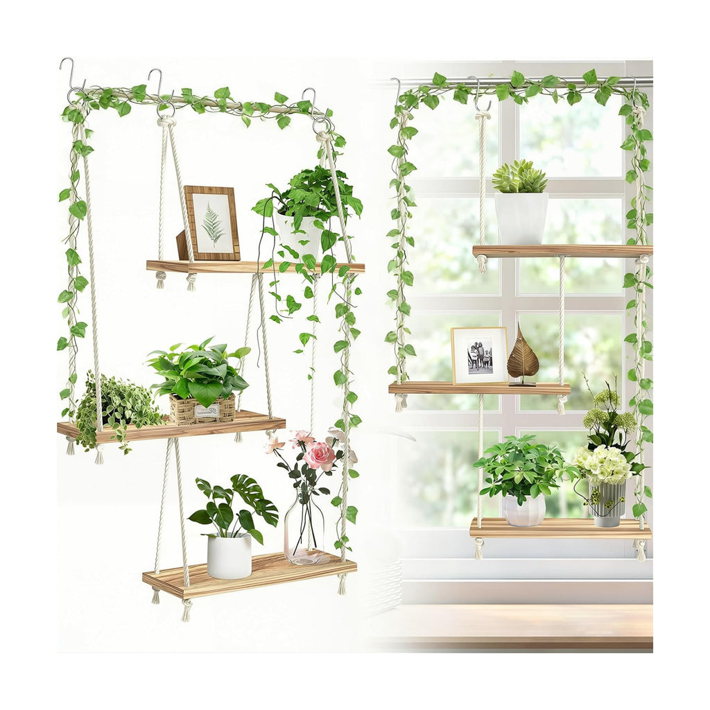 Window Plant Shelves 3-Tier Boho Window Sill Plant Shelf Indoor Hanging Wood Window Plant Hanger for Plants Herb