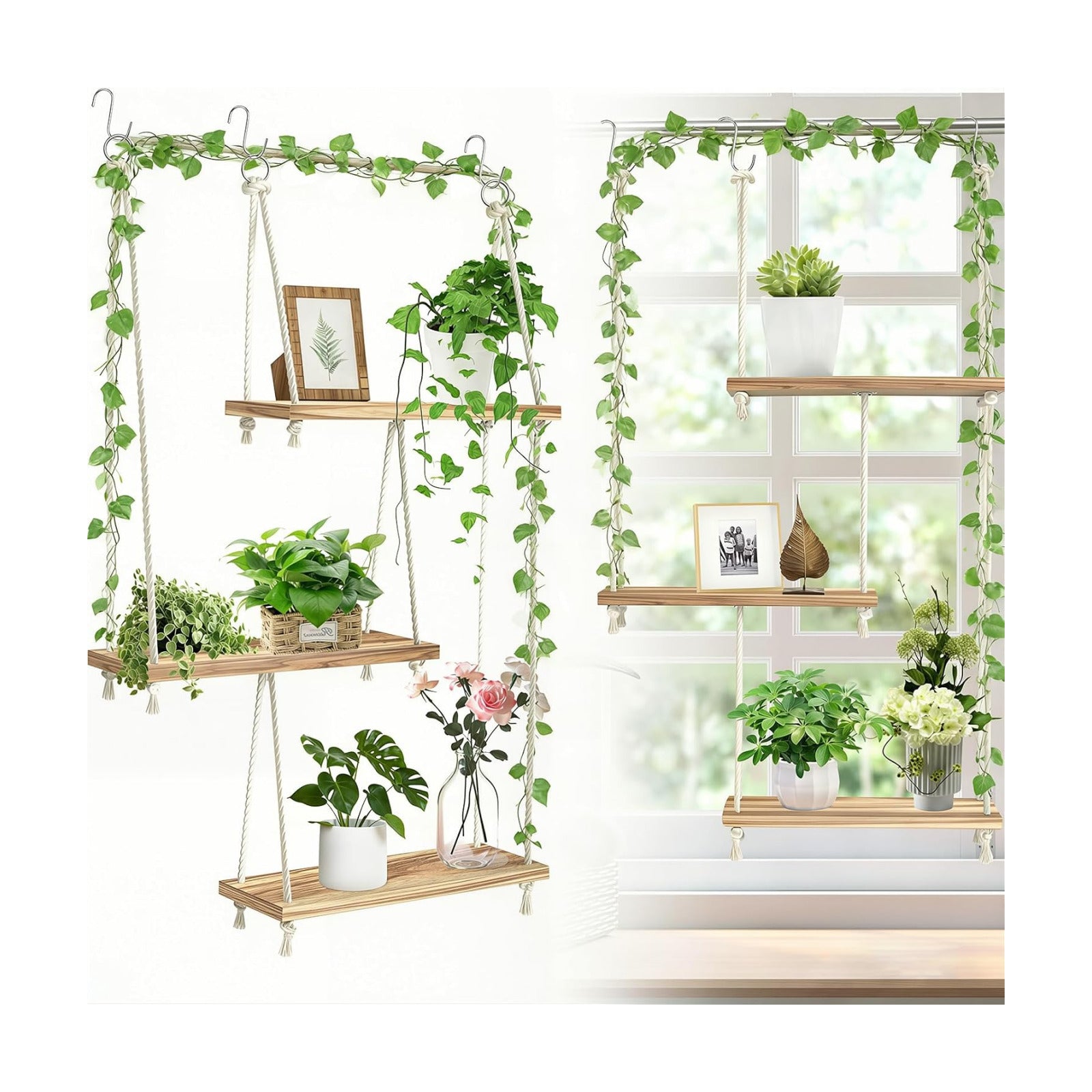 Window Plant Shelves 3-Tier Boho Window Sill Plant Shelf Indoor Hanging Wood Window Plant Hanger for Plants Herb