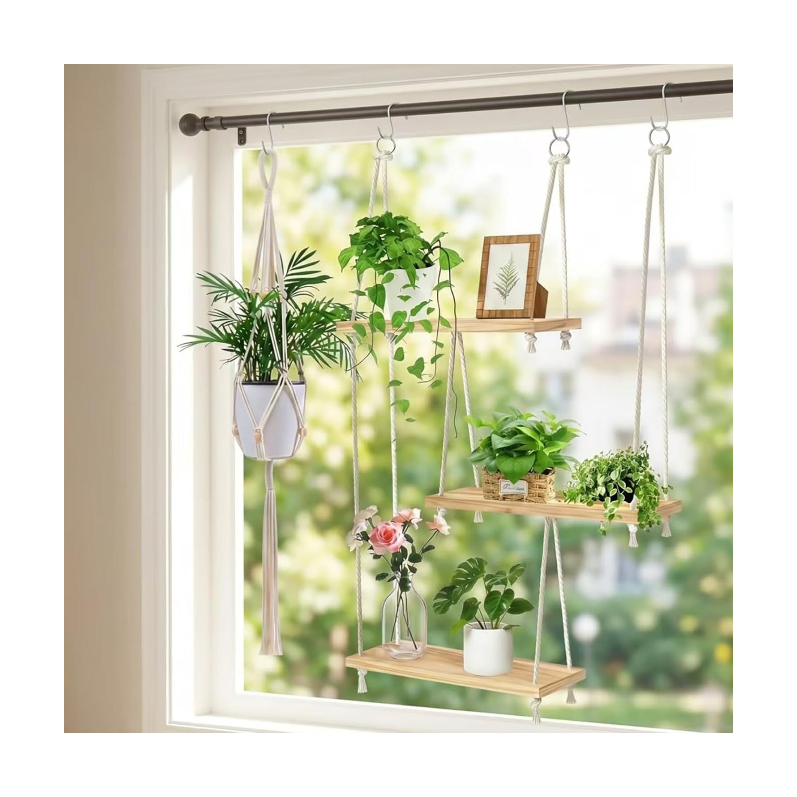 3-Tier Boho Window Plant Shelves with 35 Inch Macrame Plant Hanger | Indoor wood Hanging Plant Shelf, Holds Up to 20