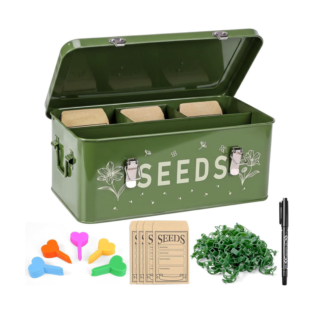 Seed Storage Organizer Box with 4 Compartments, Metal Seed Saving Container with Lockable Lid and Safety Locks
