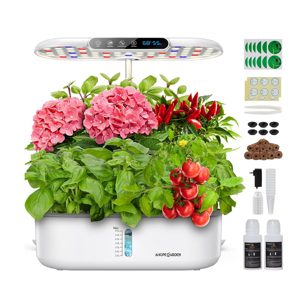 Hydroponics Growing System with 12 Pods, Indoor Garden Kit with LED Grow Light & LCD Temp Humidity Display, Smart Quiet
