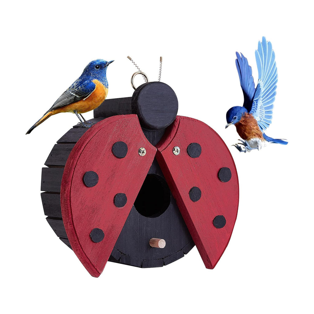 Bird Houses for Outside - Wooden Hanging Bird House - Ladybug-Shaped Birdhouse for Finches, Wrens, Cardinals - Outdoors