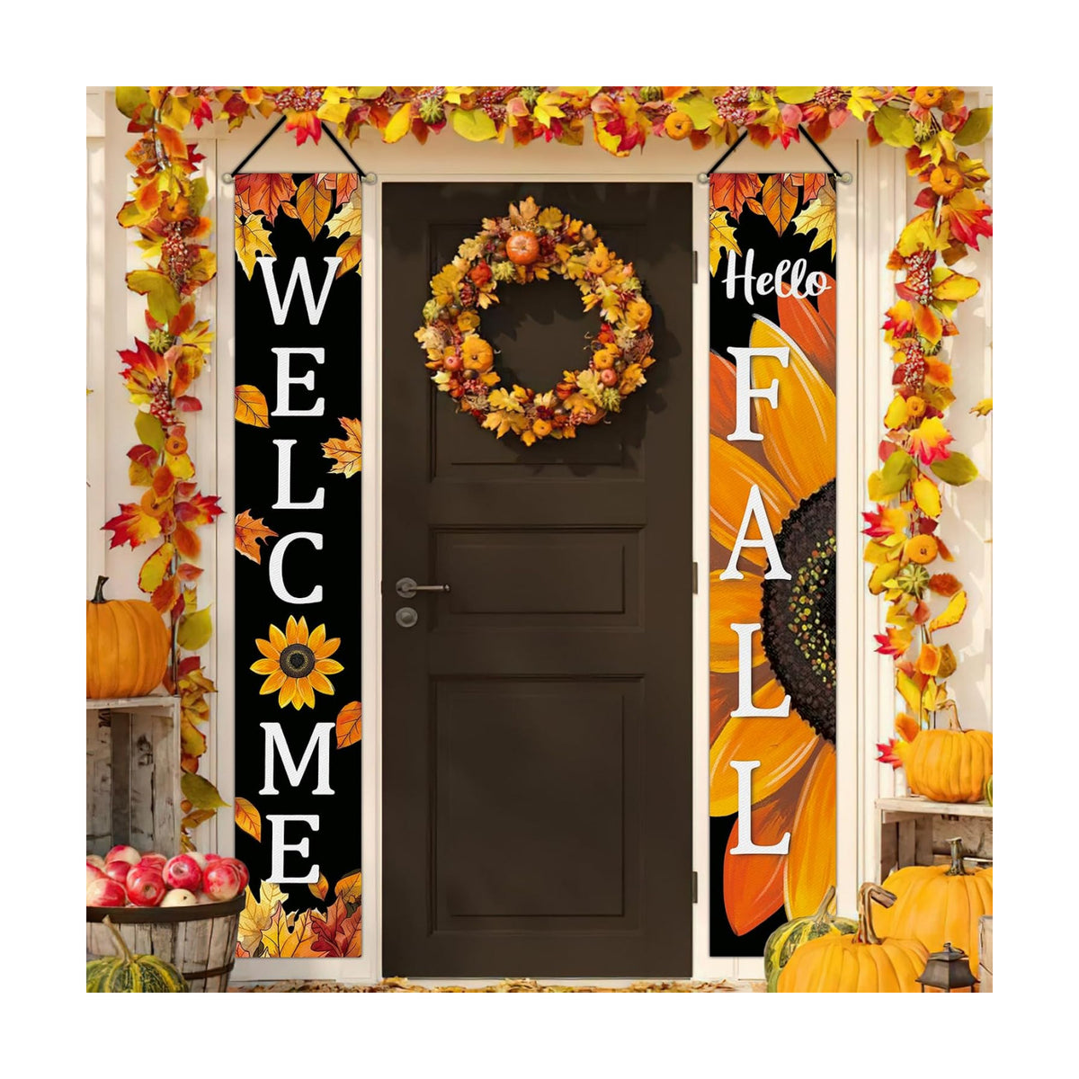 Hello Fall Sunflower Welcome Porch Banner Sign, Autumn Flower Black