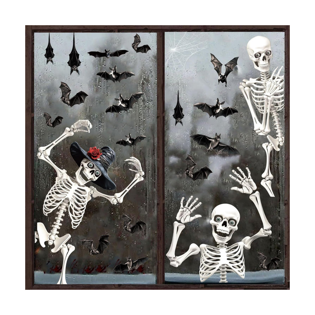 CCINEE Halloween Window Clings, Extra Large Spooky Skeletons and Bats Window Stickers for Home School Office Glass and Halloween Party Indoor Outdoor Decor, 4 Sheets