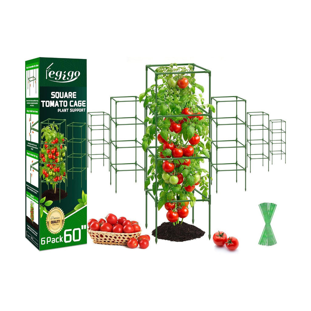6 Pack 60 Inch Tomato Cages for Garden, Heavy Duty Tomato Trellis | Adjustable & Reusable Square Tomato Plant Support