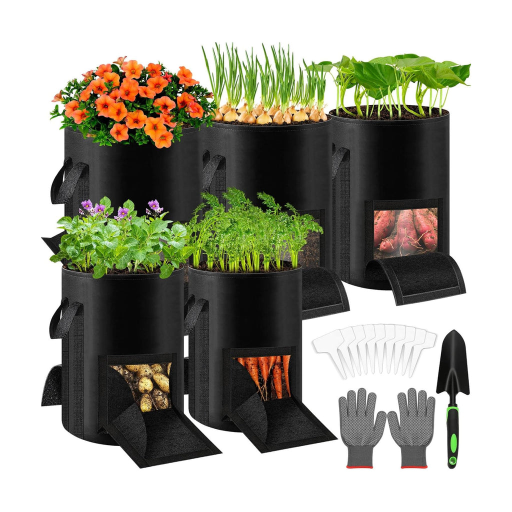 Lezmarket 5 Pack 10 Gallon Potato Grow Bags, Nonwoven Fabric Garden Planters with Reinforced Handle, Large Pots for
