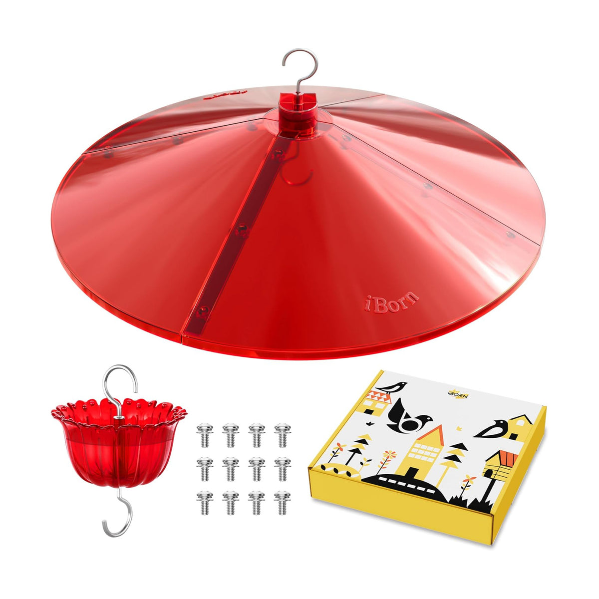 iBorn 19.5-inch Hummingbird Feeders Baffle, Weather Guard, Hanging Bird Feeders Protect, Red, Pack of 1