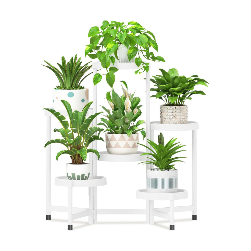 iDavosic.ly 6 Tier Folding Plant Stand Indoor Outdoor, Plastic Tray, White | Space Saving Tiered Corner Storage Display